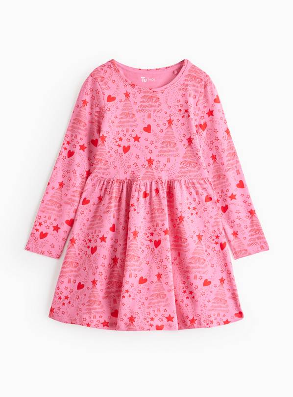 Pink Christmas Tree Heart Print Jersey Dress 9 years